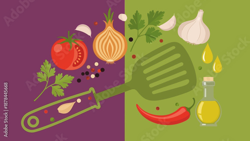 Fresh Ingredients and Cooking Utensils on a Split Purple and Green Background