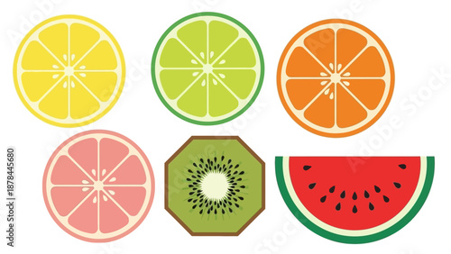 Fresh Citrus Fruits Slices and Watermelon Slice Vector Icons