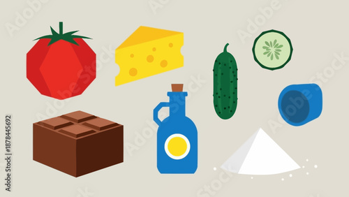 Fresh Ingredients for Cooking: Tomato, Cheese, Chocolate, Oil, Cucumber, Salt
