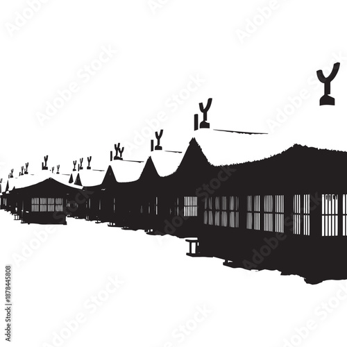 Serene snowy village with traditional black buildings and snow-covered roofs