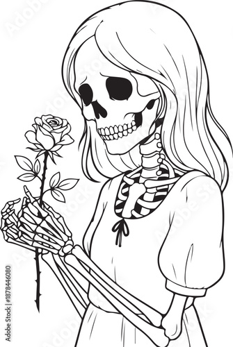 Skeleton Girl Holding Rose