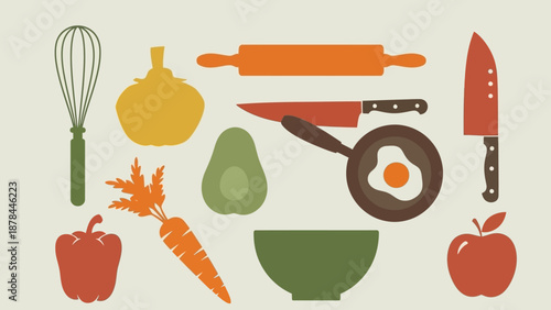 Kitchen Utensils and Food Ingredients Vector Illustration