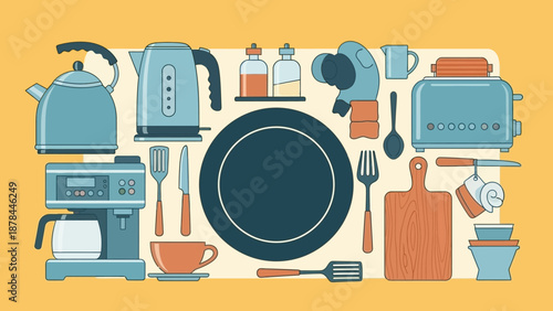 Kitchenware Collection: Utensils, Appliances, Plate, and Cutting Board
