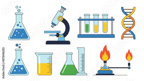 Laboratory Equipment Set: Microscope, Beakers, Test Tubes, DNA, Burner