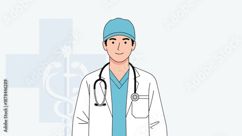 Male Doctor Portrait with Stethoscope and Medical Cross Icon