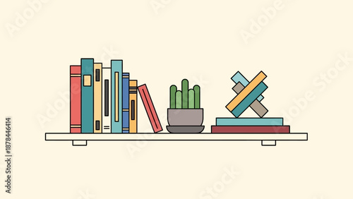 Minimalist Bookshelf with Cactus and Geometric Sculpture