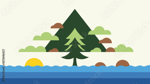 Minimalist Evergreen Tree Landscape with Sunset and Clouds