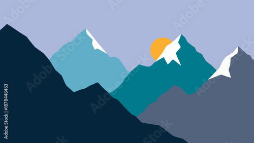 Minimalist Mountain Landscape with Sunrise and Snow Caps