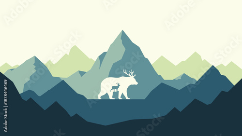 Minimalist Mountain Landscape with Bear and Fawn Silhouette