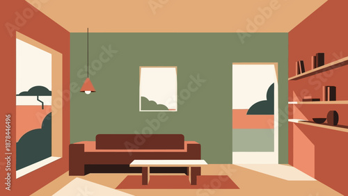 Minimalist living room interior with abstract landscape view through window