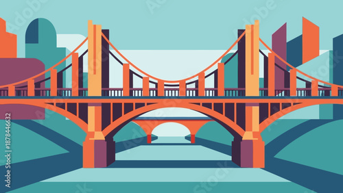 Modern Cityscape with Suspension Bridge and River - Geometric Flat Design
