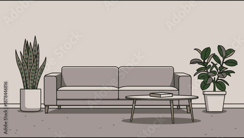 Modern Pixel Art Living Room with Sofa, Plants, and Coffee Table