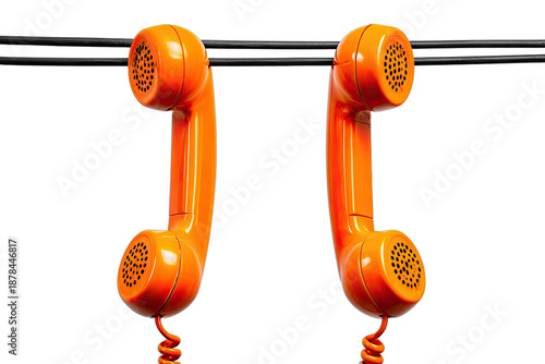 Two bright orange vintage phone receivers hang from black wires