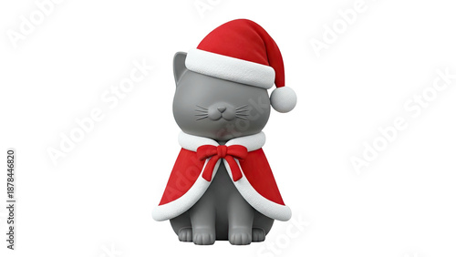 Cute Grey Cat Wearing Santa Hat and Red Cape with Bow
