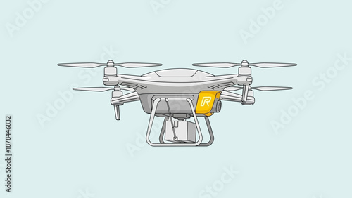 Modern White Drone with Yellow Camera Mount Isolated on Light Blue Background