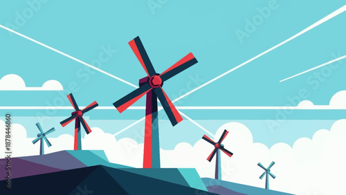 Modern Wind Turbines on Hillside, Blue Sky and Clouds, Clean Energy Concept