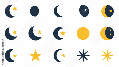 Moon Phases Icons: Crescent, Full Moon, Starry Night Sky Elements