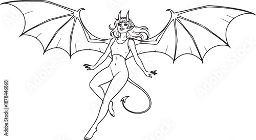 Winged Demon Girl Fantasy Line Art Illustration