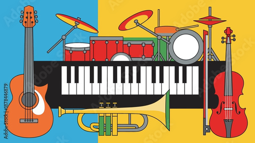 Musical Instruments Collage: Guitar, Violin, Trumpet, Drums, Keyboard