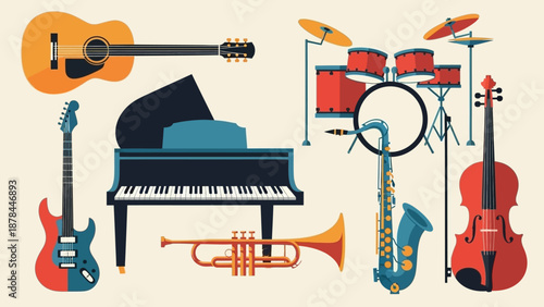 Musical Instruments Collection: Guitar, Piano, Drums, Saxophone, Trumpet, Violin
