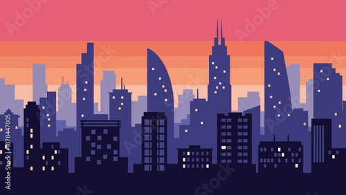 Pixel Art Cityscape at Sunset with Colorful Sky and Illuminated Buildings