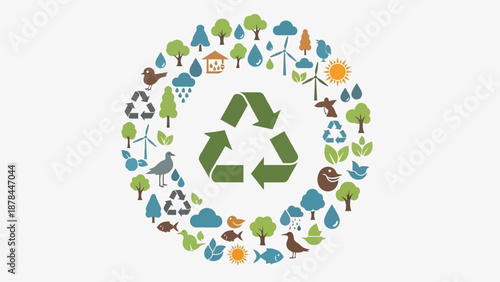 Recycling symbol in circle of nature icons - ecology and sustainability concept