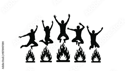 Joyful silhouettes of five people leaping in the air above stylized flames, celebrating freedom and energy.