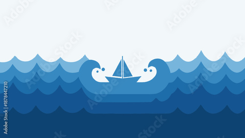 Sailboat navigating stormy blue ocean waves, minimalist, graphic style