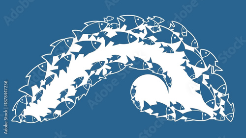 School of Fish Forming a Wave Shape on Blue Background, Abstract Ocean Life