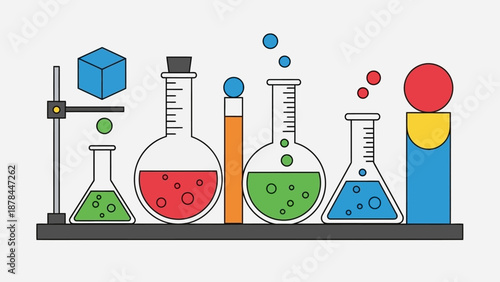 Science Lab Equipment with Colorful Liquids and Bubbles