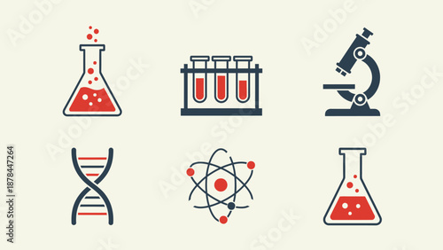 Science Icons: Microscope, DNA, Atom, Test Tubes, Flasks on Light Background
