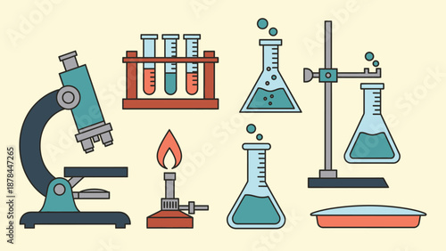 Science Lab Equipment: Microscope, Beaker, Test Tubes, Burner, Petri Dish