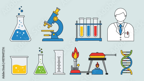 Science Laboratory Equipment and Scientist Icon Set