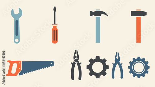 Set of Tools Icons: Wrench, Screwdriver, Hammer, Saw, Pliers, Gears