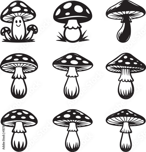 set of various black and white mushroom illustrations