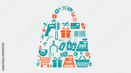 Shopping Bag Filled With Icons: Retail, Commerce, and Consumerism Concept
