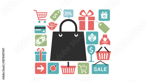 Shopping Bag with Icons: Sale, Discounts, Gifts, Credit Card, Money, Cart