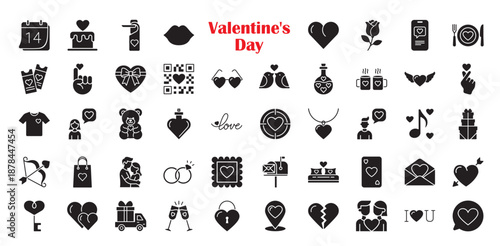 48 Valentine's Day Solid Icons. Black silhouette set with hearts, romantic couples, gifts, and wedding symbols. Flat vector elements for love, dating, and February 14 celebration.