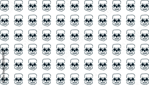 The art consists of horizontal rows of cartoonish human skulls. Art for Halloween or for same holiday and festive.