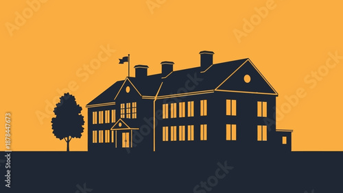 Silhouette of a modern building with a tree and flag, graphic design