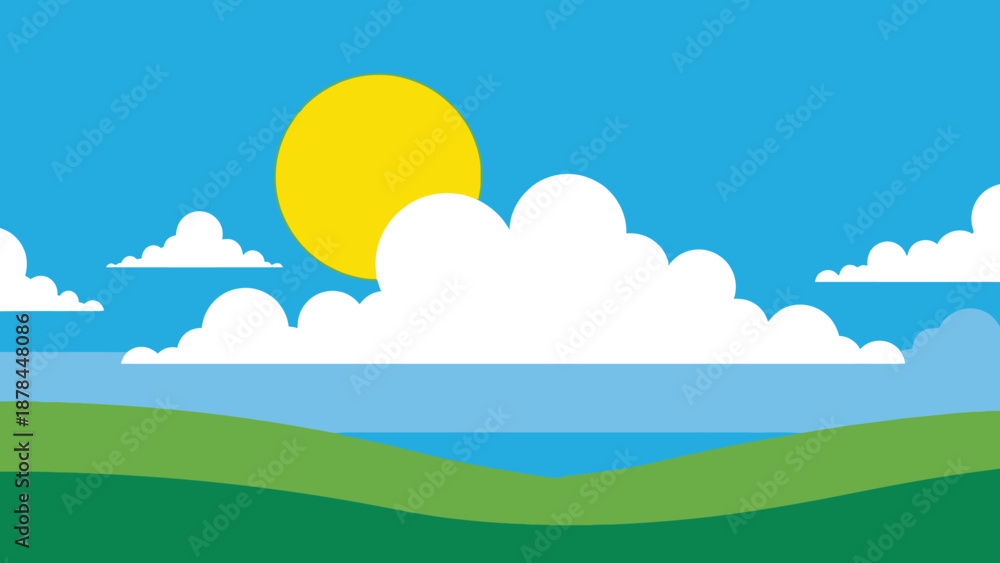 Fototapeta premium Sunny Day Landscape with Green Hills, Blue Sky, and White Clouds