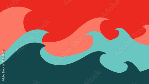 Stylized Ocean Waves Against Red Sky, Abstract Seascape