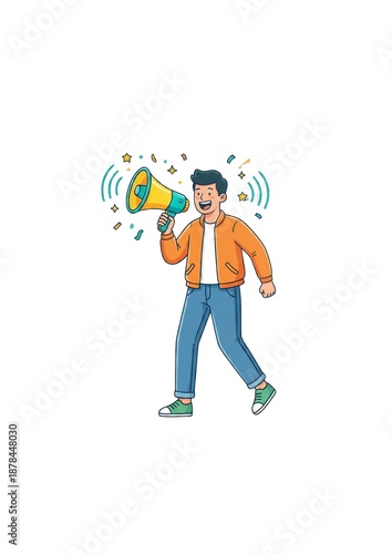 Energetic Man Using Megaphone for Promotion and Announcement