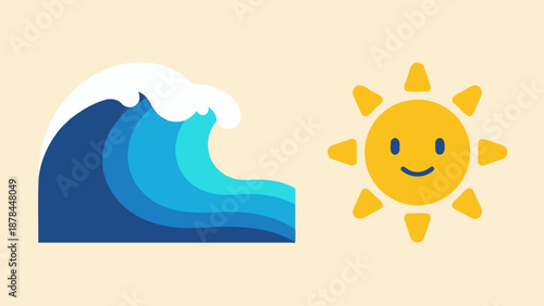 Stylized Sun and Ocean Wave, Summer Beach Concept, Bright and Cheerful