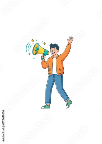 Cheerful Man Holding Megaphone Making an Announcement Illustration