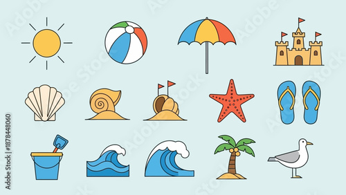 Summer Beach Icons Set: Sun, Castle, Umbrella, Starfish, Palm Tree, Waves, Sand Bucket