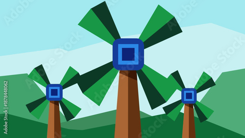 Stylized Wind Turbines Generating Clean Energy in a Green Landscape