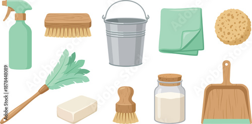 Eco-friendly surface cleaning tools flat vector pack with mint spray bottle wooden scrub brush metal bucket microfiber cloth sea sponge feather duster soap hand brush glass jar and dustpan isolated