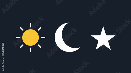 Sun, Moon, and Star Icons Representing Day, Night, and Celestial Body