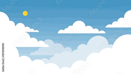 Sunny Sky with Fluffy Clouds and Distant Sun - Flat Design